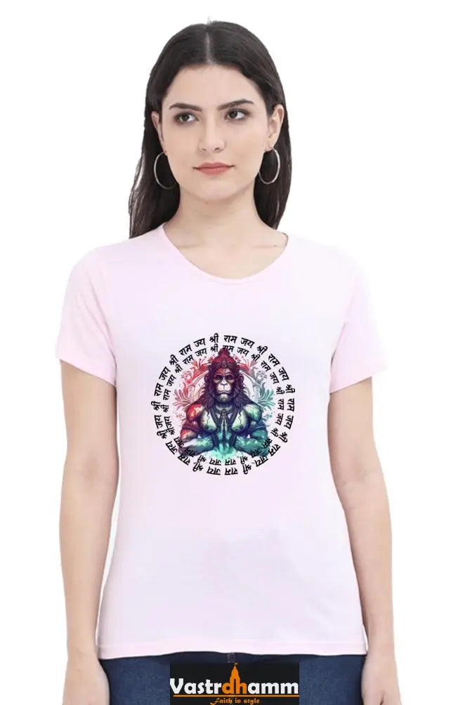 Hanuman Majestic Devotion Round Neck Half Sleeve Classic T-Shirts for Women Vastrdhamm