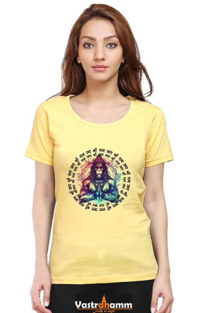 Hanuman Majestic Devotion Round Neck Half Sleeve Classic T-Shirts for Women Vastrdhamm