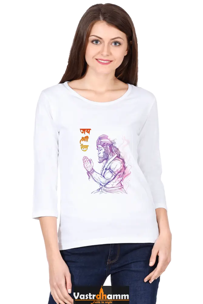 Hanuman Majestic DevotionRound Neck Full Sleeve T-Shirts for Women Vastrdhamm