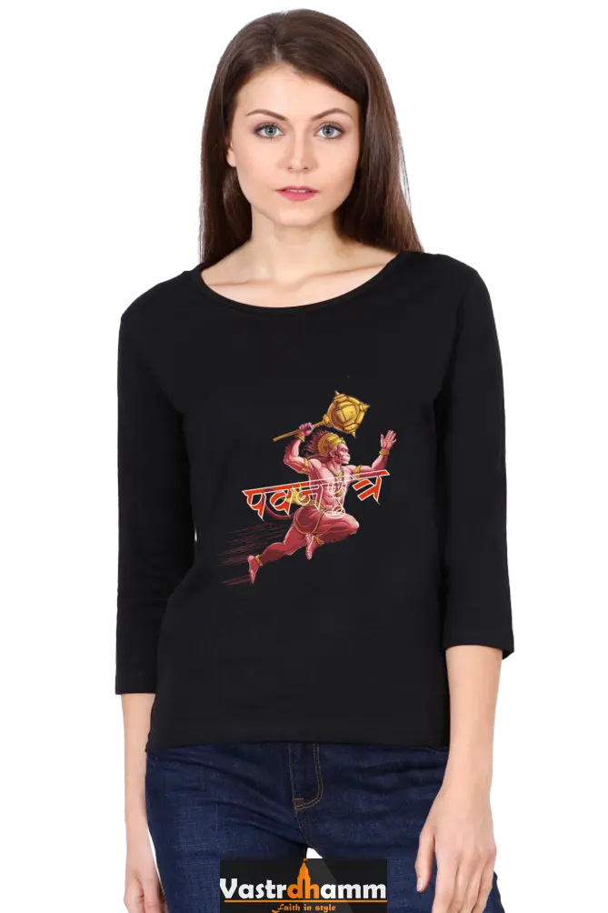 Hanuman Mighty HeroRound Neck Full Sleeve T-Shirts for Women Vastrdhamm