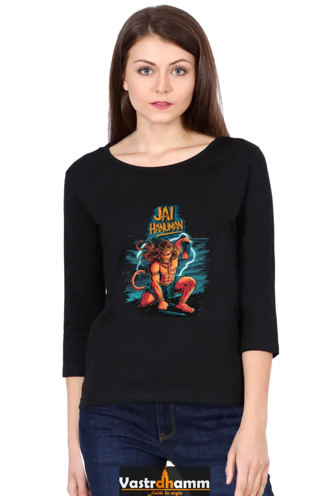 Hanuman Sacred MightRound Neck Full Sleeve T-Shirts for Women Vastrdhamm
