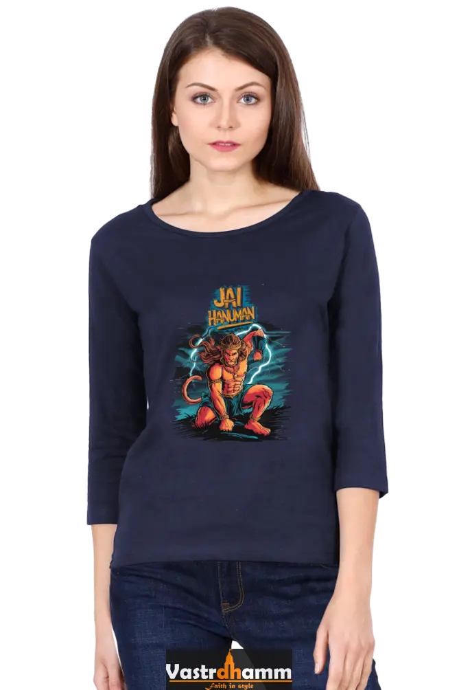 Hanuman Sacred MightRound Neck Full Sleeve T-Shirts for Women Vastrdhamm