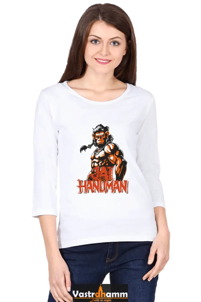 Hanuman Warrior SpiritRound Neck Full Sleeve T-Shirts for Women Vastrdhamm