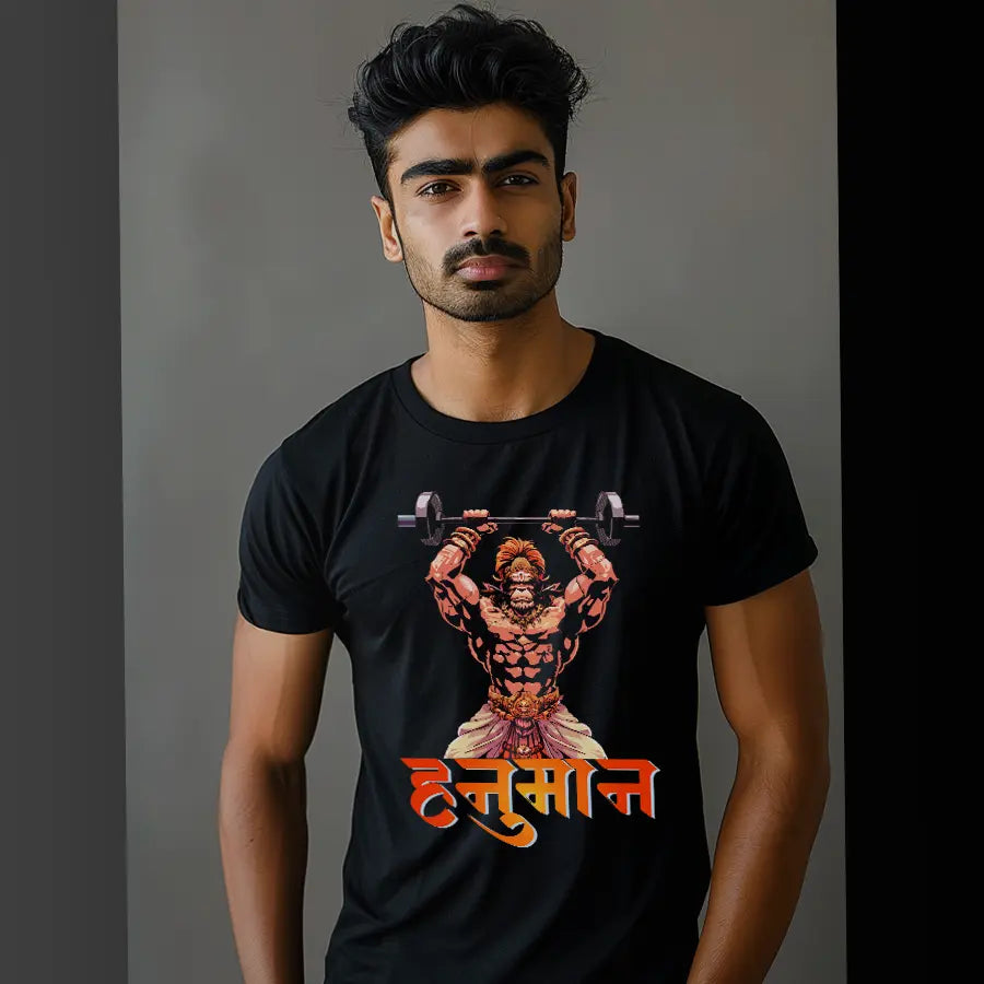 Hanuman Ji Lifting Dumbbells T-Shirt | Regular Fit Vastrdhamm