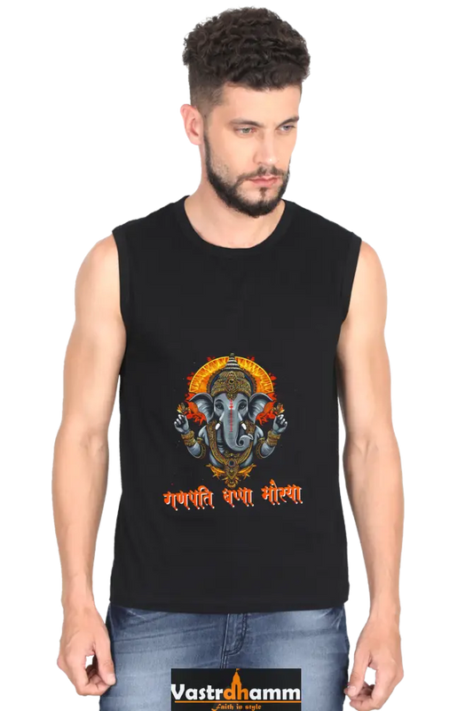 Jai Ganesha Blessings Round Neck Sleeveless T-Shirts for Men Vastrdhamm