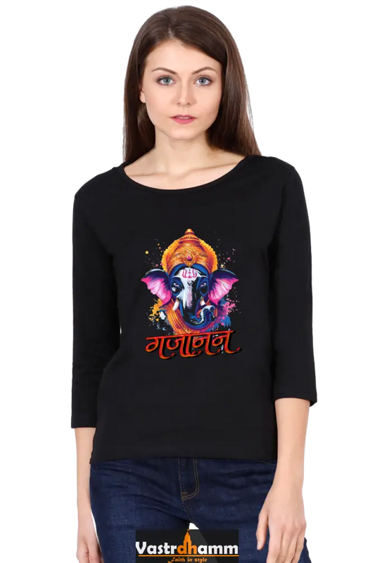 Jai Ganesha ProtectorRound Neck Full Sleeve T-Shirts for Women Vastrdhamm