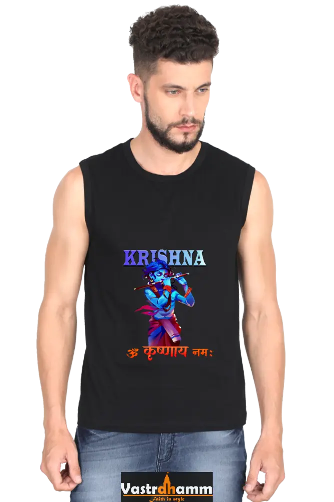 Shree Krishan Kaliya Mardan Round Neck Sleeveless T-Shirts  for Men Vastrdhamm