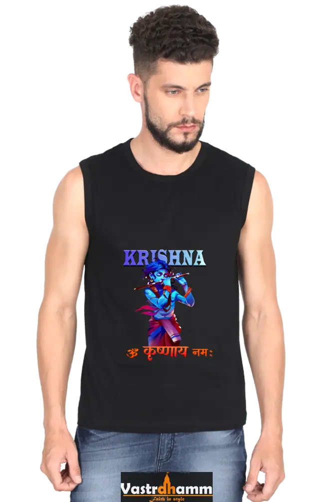 Shree Krishan Kaliya Mardan Round Neck Sleeveless T-Shirts  for Men Vastrdhamm