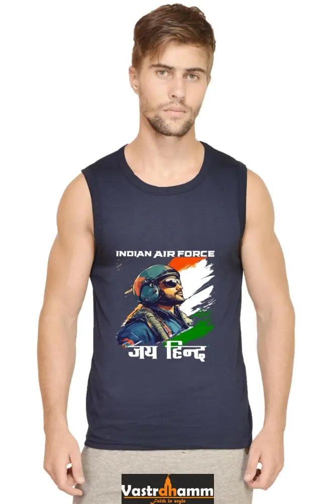 Sky Warriors: Indian Air Force Round Neck Sleeveless T-Shirts for Men Vastrdhamm